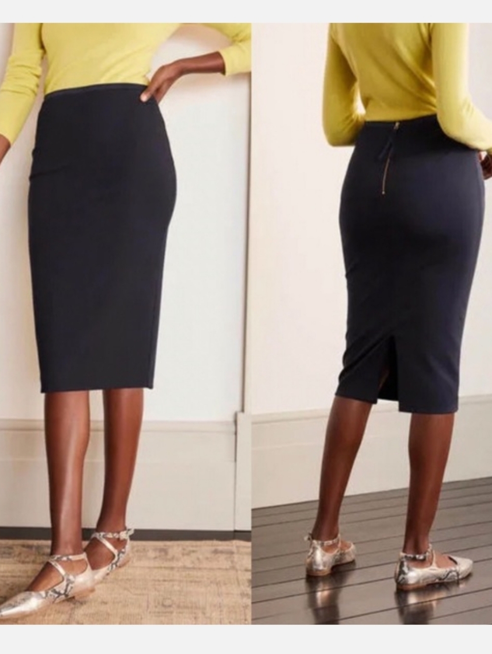 Boden Hampshire Ponte Navy Blue Pencil Straight Midi Skirt Exposed Zipper Slit 6